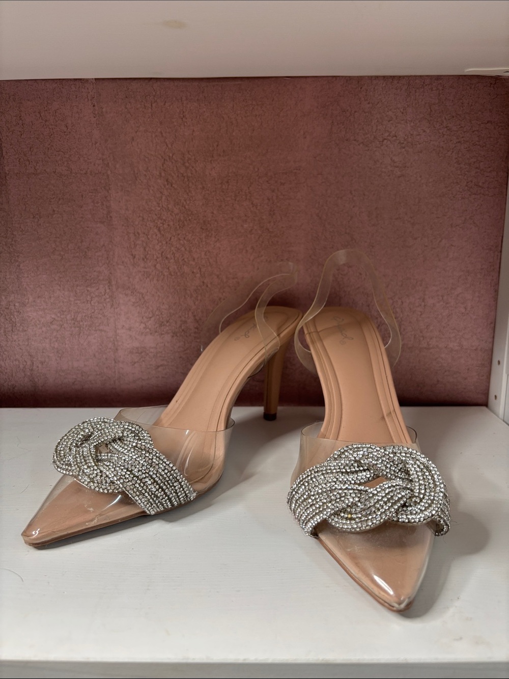 Qupid Clear Slingback Heels with Crystal Knot Accent in Nude